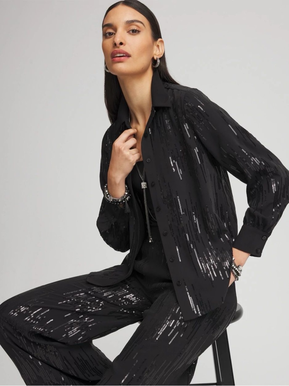 Chico's Black Sequin Stripe Button-Down Shirt - Picture 2 of 11